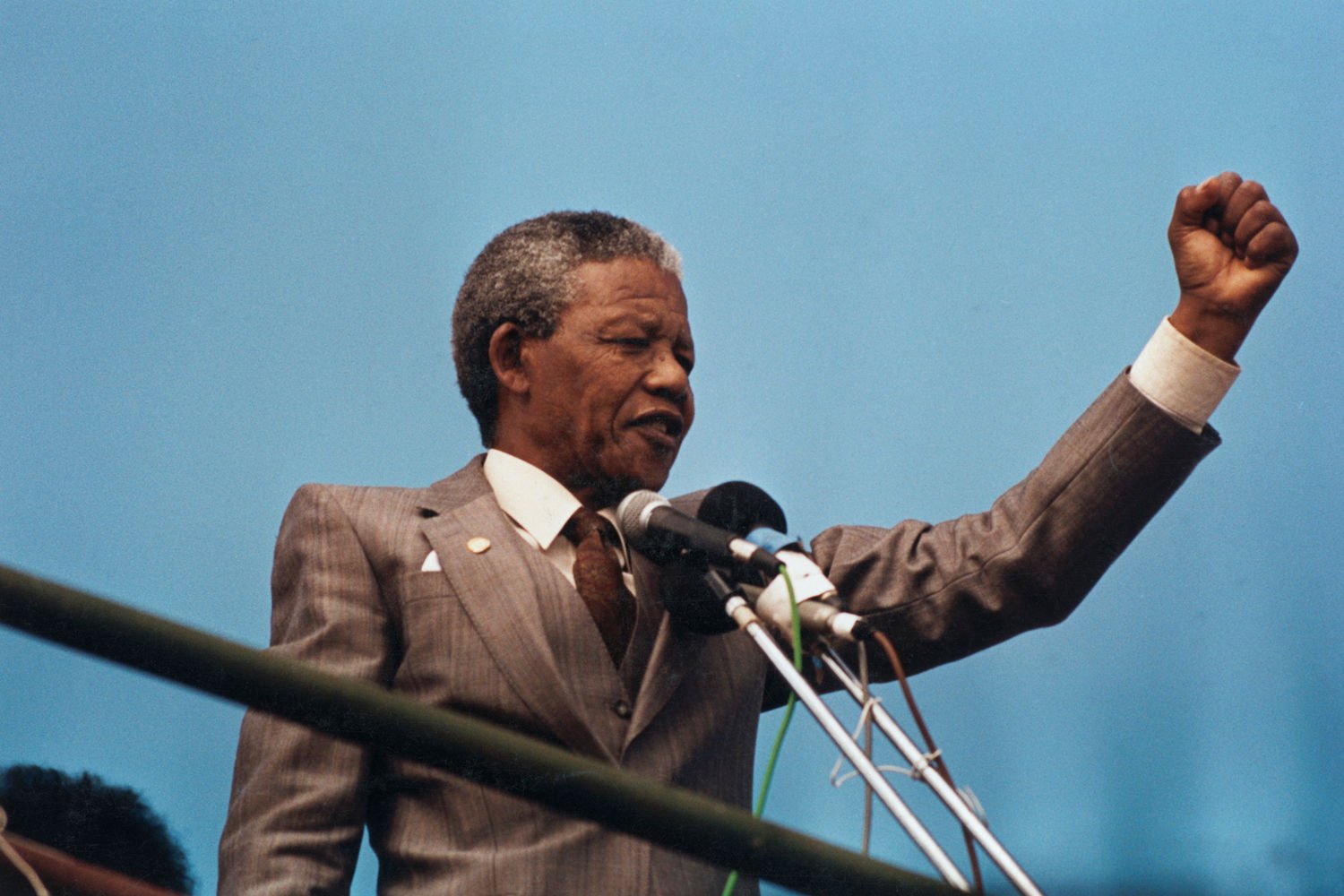 Former president Nelson Mandela addressing a crowd in Port Elizabeth on April 1 1990. (Juda Ngwenya, Reuters)